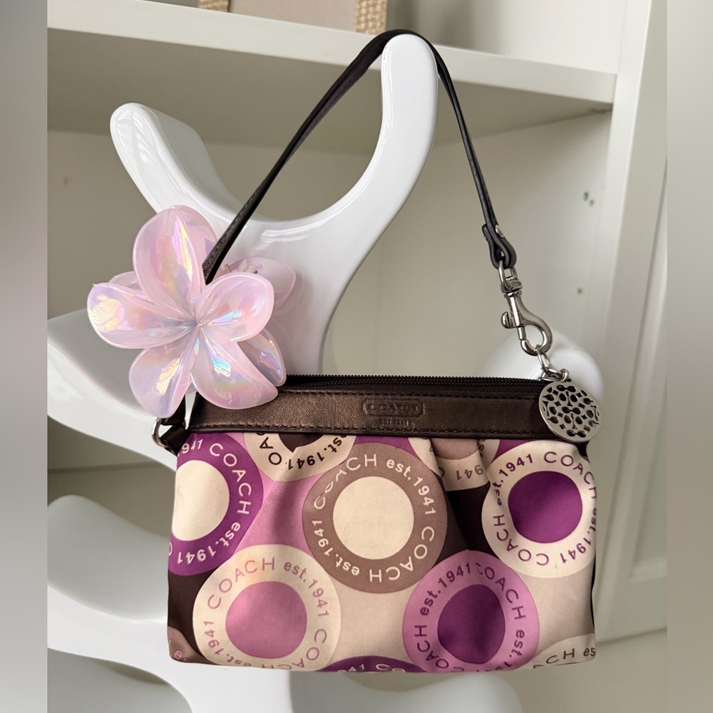 Vintage Y2K COACH Op Print Classic Sateen Leather Wristlet Purple Cream Bronze